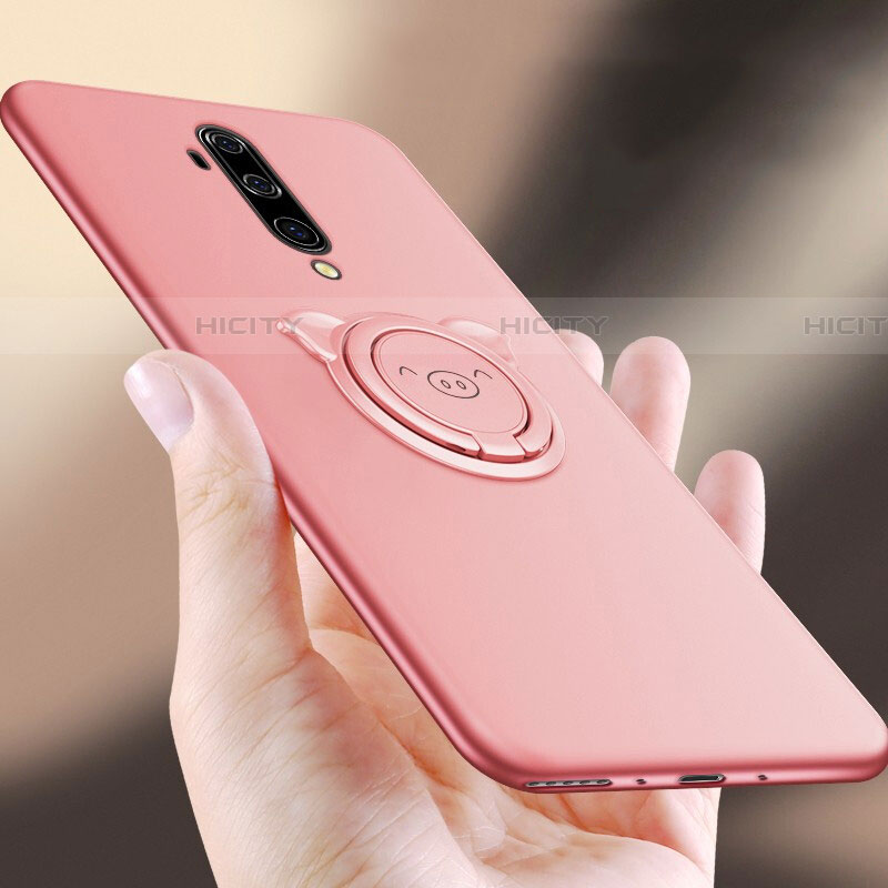 Silikon Hülle Handyhülle Ultra Dünn Schutzhülle Flexible Tasche Silikon mit Magnetisch Fingerring Ständer T01 für OnePlus 7T Pro Rosa