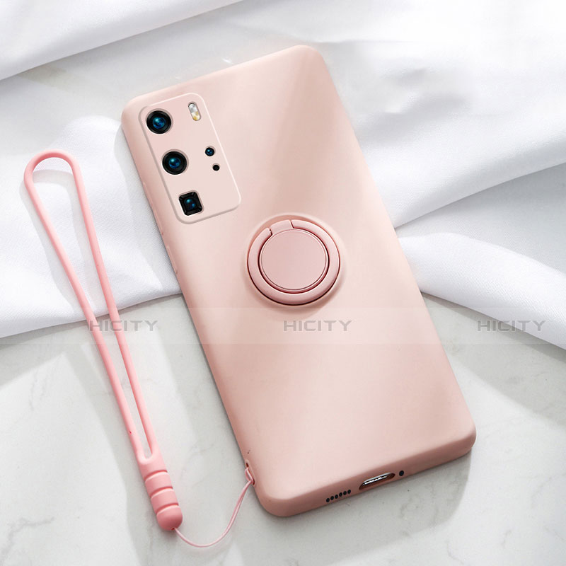 Silikon Hülle Handyhülle Ultra Dünn Schutzhülle Flexible Tasche Silikon mit Magnetisch Fingerring Ständer T02 für Huawei P40 Pro Rosa