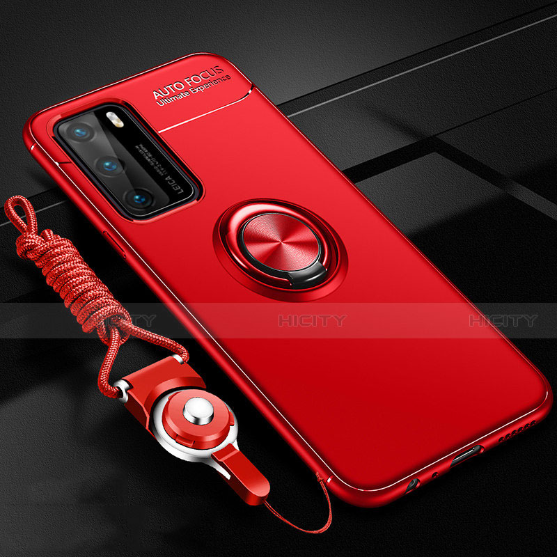 Silikon Hülle Handyhülle Ultra Dünn Schutzhülle Flexible Tasche Silikon mit Magnetisch Fingerring Ständer T02 für Huawei P40 Rot