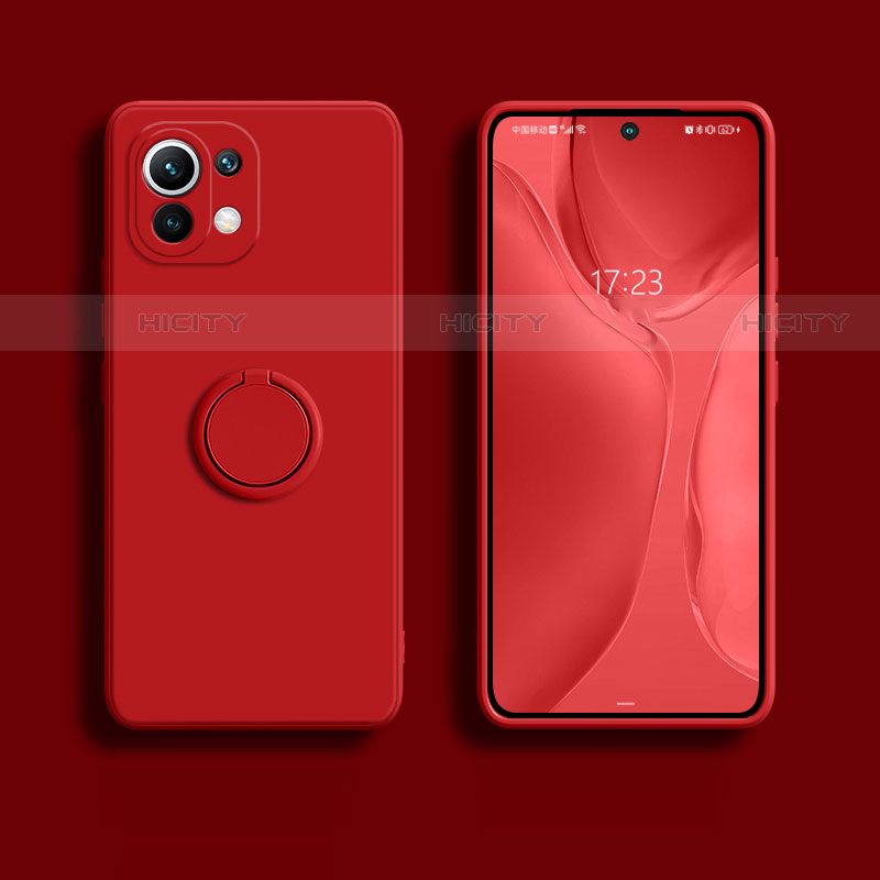 Silikon Hülle Handyhülle Ultra Dünn Schutzhülle Flexible Tasche Silikon mit Magnetisch Fingerring Ständer T02 für Xiaomi Mi 11 5G Rot Plus