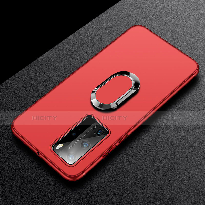 Silikon Hülle Handyhülle Ultra Dünn Schutzhülle Flexible Tasche Silikon mit Magnetisch Fingerring Ständer T03 für Huawei P40 Pro Rot