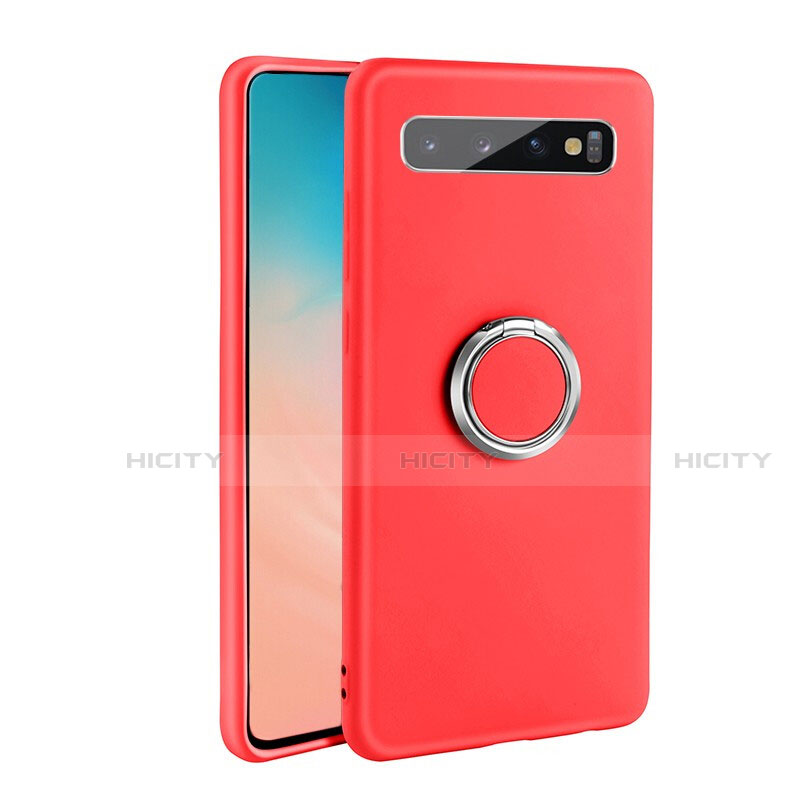 Silikon Hülle Handyhülle Ultra Dünn Schutzhülle Flexible Tasche Silikon mit Magnetisch Fingerring Ständer T03 für Samsung Galaxy S10 5G Rot Plus