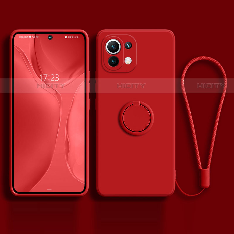 Silikon Hülle Handyhülle Ultra Dünn Schutzhülle Flexible Tasche Silikon mit Magnetisch Fingerring Ständer T03 für Xiaomi Mi 11 Lite 5G Rot Plus