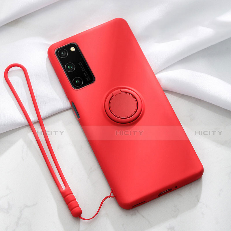 Silikon Hülle Handyhülle Ultra Dünn Schutzhülle Flexible Tasche Silikon mit Magnetisch Fingerring Ständer T04 für Huawei Honor V30 5G Rot Plus