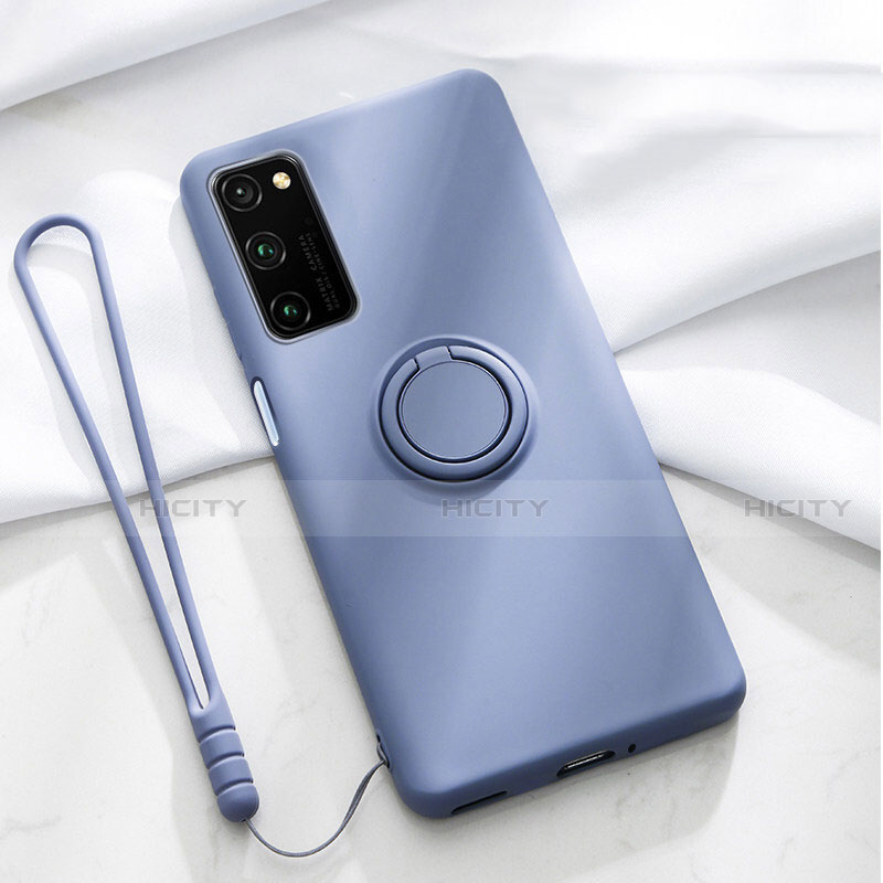 Silikon Hülle Handyhülle Ultra Dünn Schutzhülle Flexible Tasche Silikon mit Magnetisch Fingerring Ständer T04 für Huawei Honor V30 5G Violett