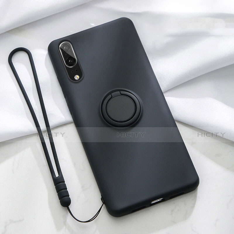 Silikon Hülle Handyhülle Ultra Dünn Schutzhülle Flexible Tasche Silikon mit Magnetisch Fingerring Ständer T04 für Huawei P20 groß