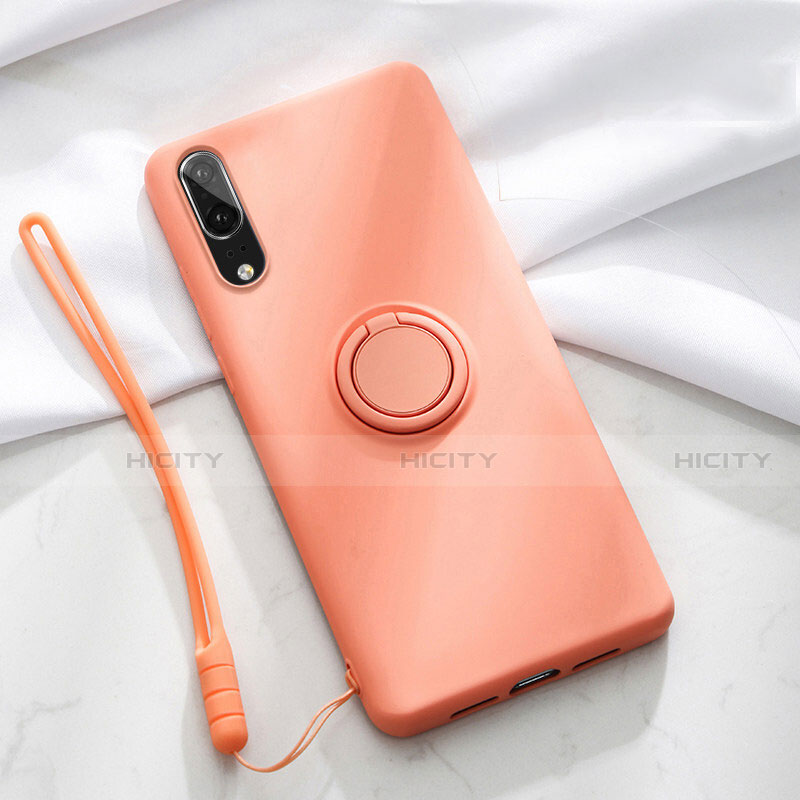 Silikon Hülle Handyhülle Ultra Dünn Schutzhülle Flexible Tasche Silikon mit Magnetisch Fingerring Ständer T04 für Huawei P20 Orange