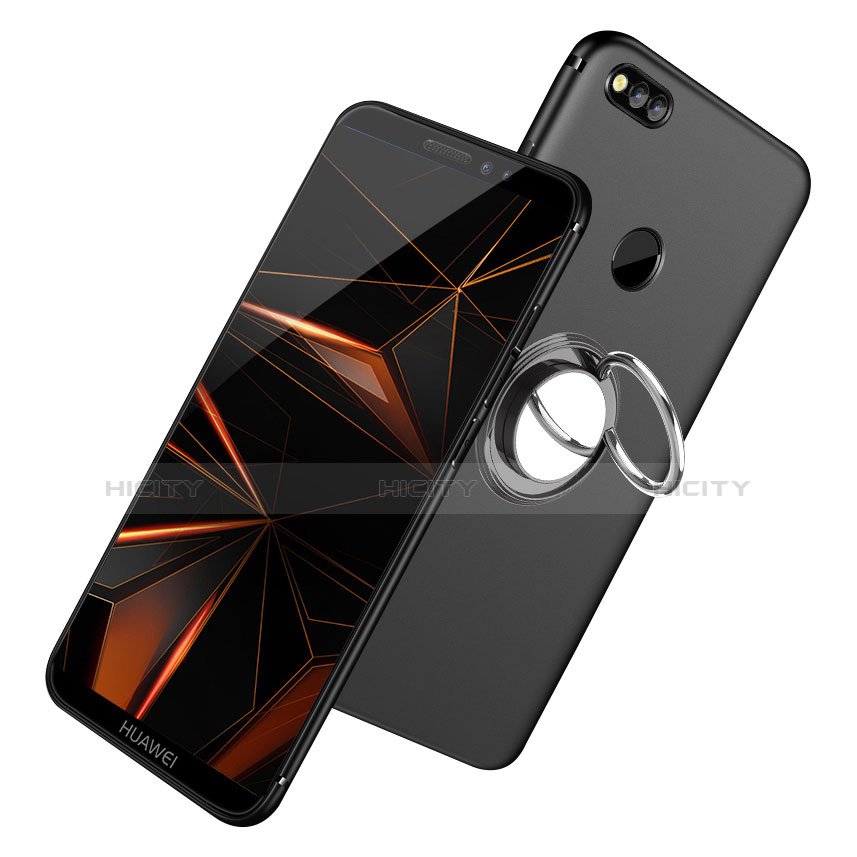 Silikon Hülle Handyhülle Ultra Dünn Schutzhülle Silikon mit Fingerring Ständer A02 für Huawei Honor Play 7X Schwarz Plus