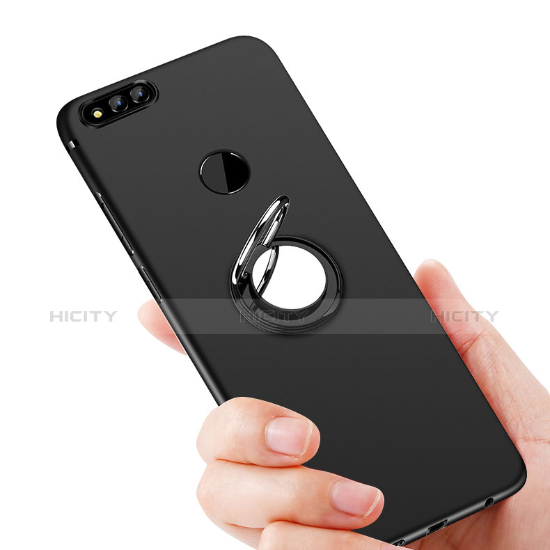 Silikon Hülle Handyhülle Ultra Dünn Schutzhülle Silikon mit Fingerring Ständer A02 für Huawei Honor Play 7X Schwarz groß