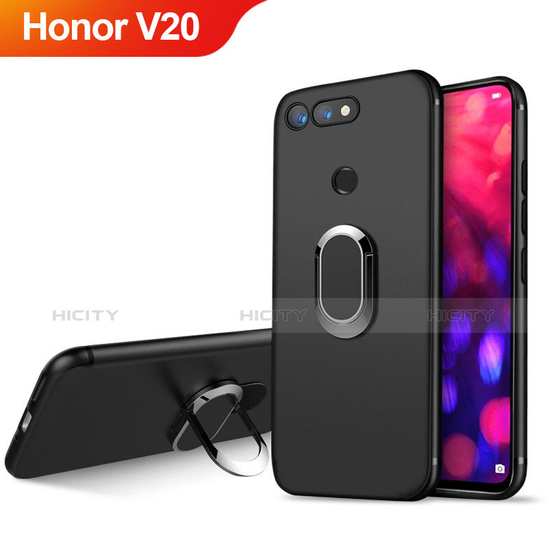 Silikon Hülle Handyhülle Ultra Dünn Schutzhülle Silikon mit Magnetisch Fingerring Ständer für Huawei Honor V20 Schwarz