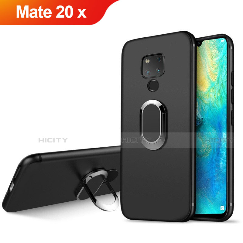 Silikon Hülle Handyhülle Ultra Dünn Schutzhülle Silikon mit Magnetisch Fingerring Ständer für Huawei Mate 20 X 5G Schwarz