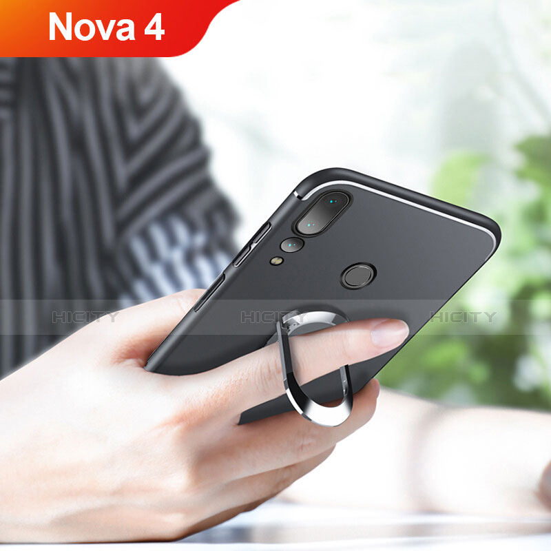 Silikon Hülle Handyhülle Ultra Dünn Schutzhülle Silikon mit Magnetisch Fingerring Ständer für Huawei Nova 4 Schwarz Plus