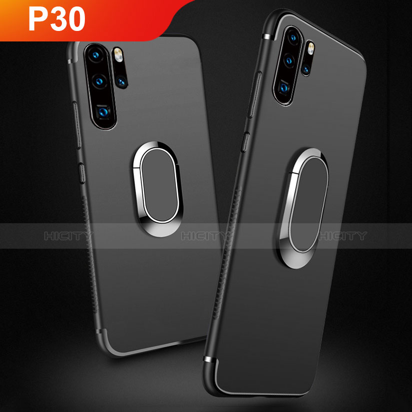 Silikon Hülle Handyhülle Ultra Dünn Schutzhülle Silikon mit Magnetisch Fingerring Ständer für Huawei P30 Pro New Edition Schwarz