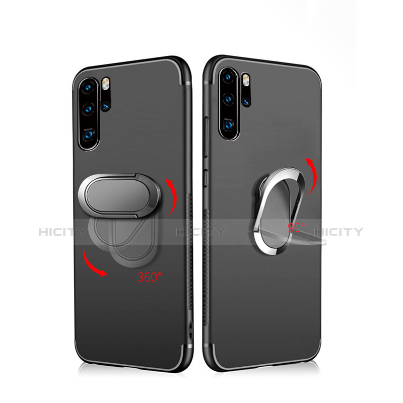 Silikon Hülle Handyhülle Ultra Dünn Schutzhülle Silikon mit Magnetisch Fingerring Ständer für Huawei P30 Pro New Edition Schwarz