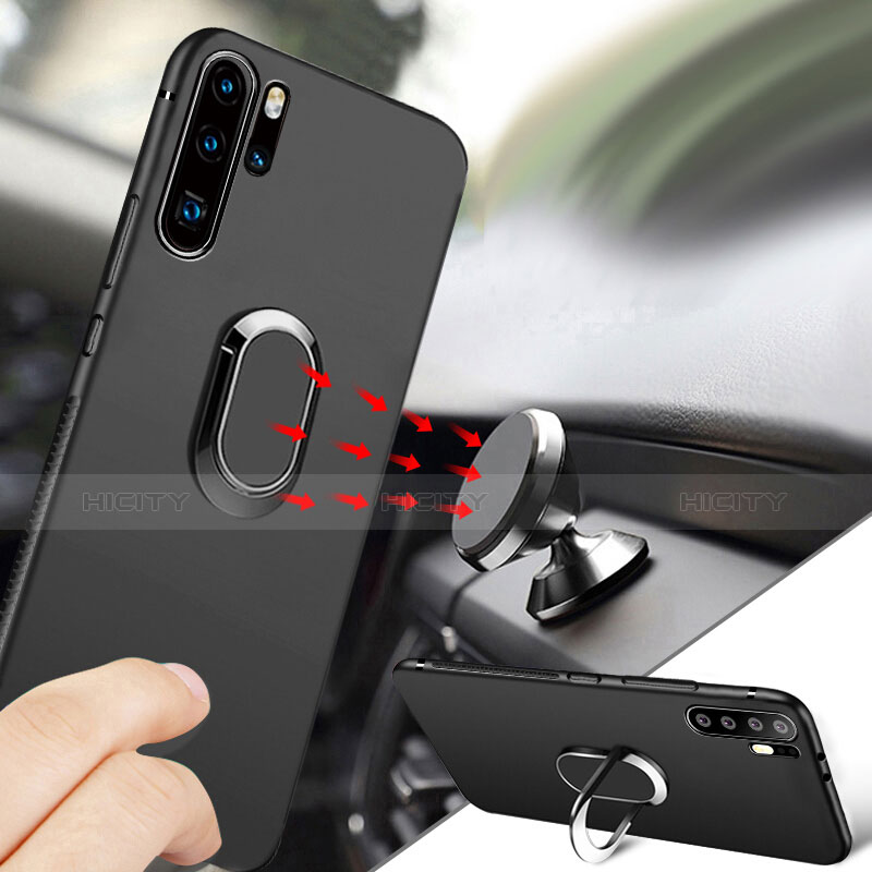 Silikon Hülle Handyhülle Ultra Dünn Schutzhülle Silikon mit Magnetisch Fingerring Ständer für Huawei P30 Pro New Edition Schwarz