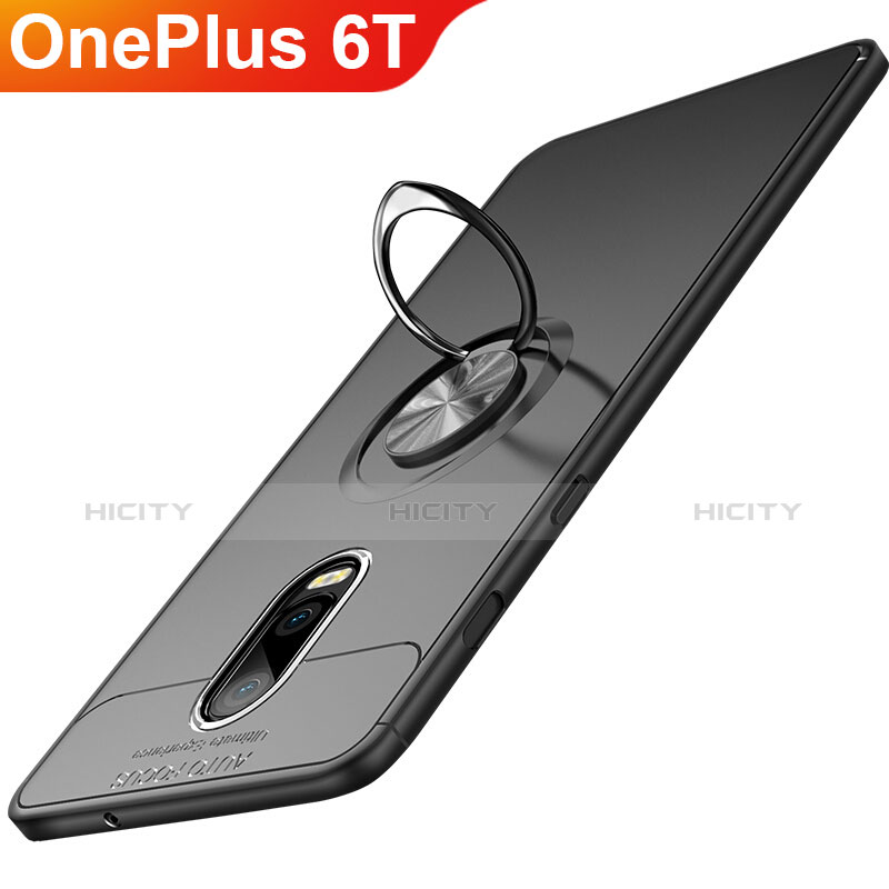 Silikon Hülle Handyhülle Ultra Dünn Schutzhülle Silikon mit Magnetisch Fingerring Ständer für OnePlus 6T Schwarz