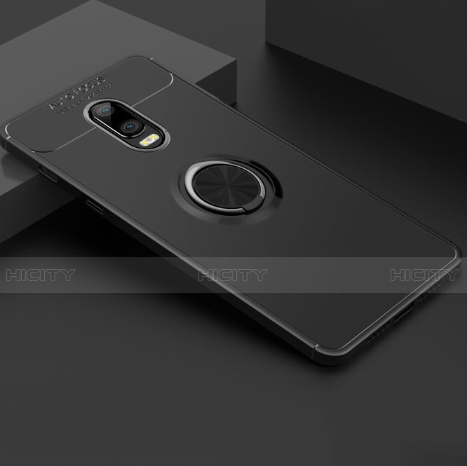 Silikon Hülle Handyhülle Ultra Dünn Schutzhülle Silikon mit Magnetisch Fingerring Ständer für OnePlus 6T Schwarz