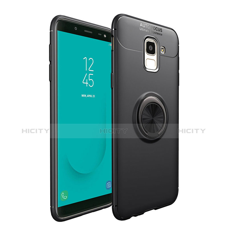 Silikon Hülle Handyhülle Ultra Dünn Schutzhülle Silikon mit Magnetisch Fingerring Ständer für Samsung Galaxy J6 (2018) J600F Schwarz