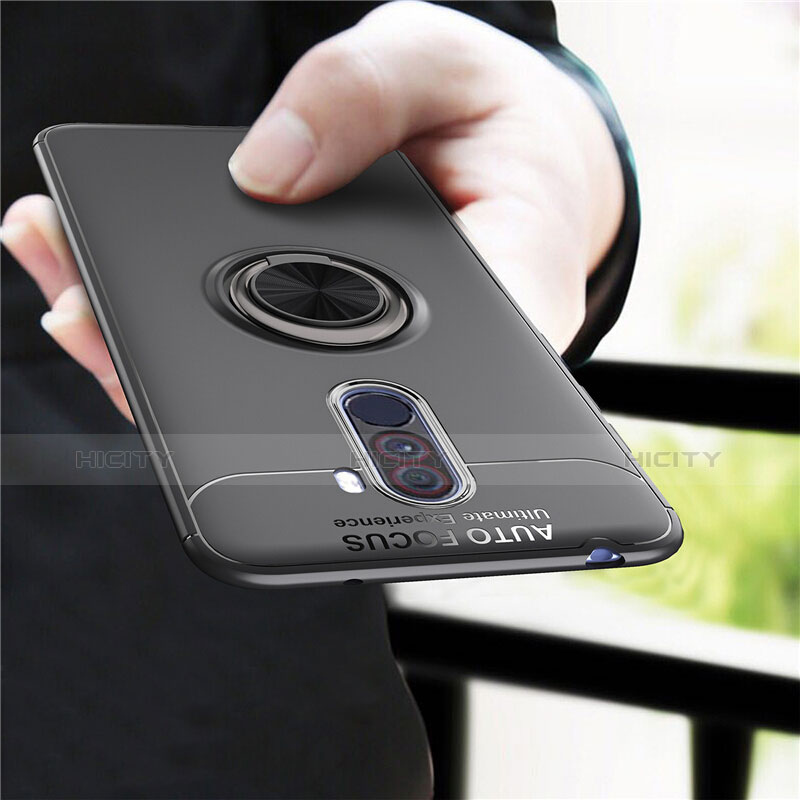 Silikon Hülle Handyhülle Ultra Dünn Schutzhülle Silikon mit Magnetisch Fingerring Ständer für Xiaomi Pocophone F1 Schwarz