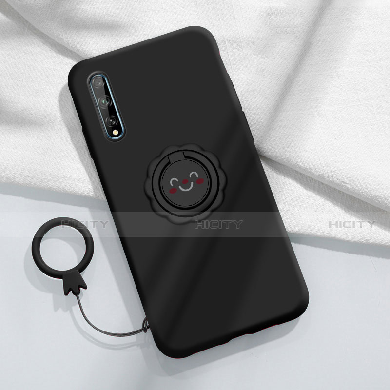 Silikon Hülle Handyhülle Ultra Dünn Schutzhülle Tasche Flexible mit Magnetisch Fingerring Ständer A01 für Huawei Y8p Schwarz