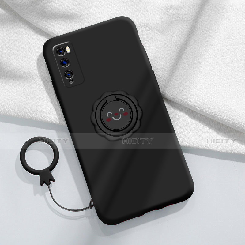 Silikon Hülle Handyhülle Ultra Dünn Schutzhülle Tasche Flexible mit Magnetisch Fingerring Ständer A02 für Huawei Enjoy 20 Pro 5G Schwarz