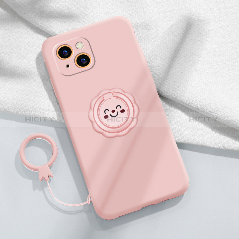 Silikon Hülle Handyhülle Ultra Dünn Schutzhülle Tasche Flexible mit Magnetisch Fingerring Ständer A06 für Apple iPhone 15 Rosa