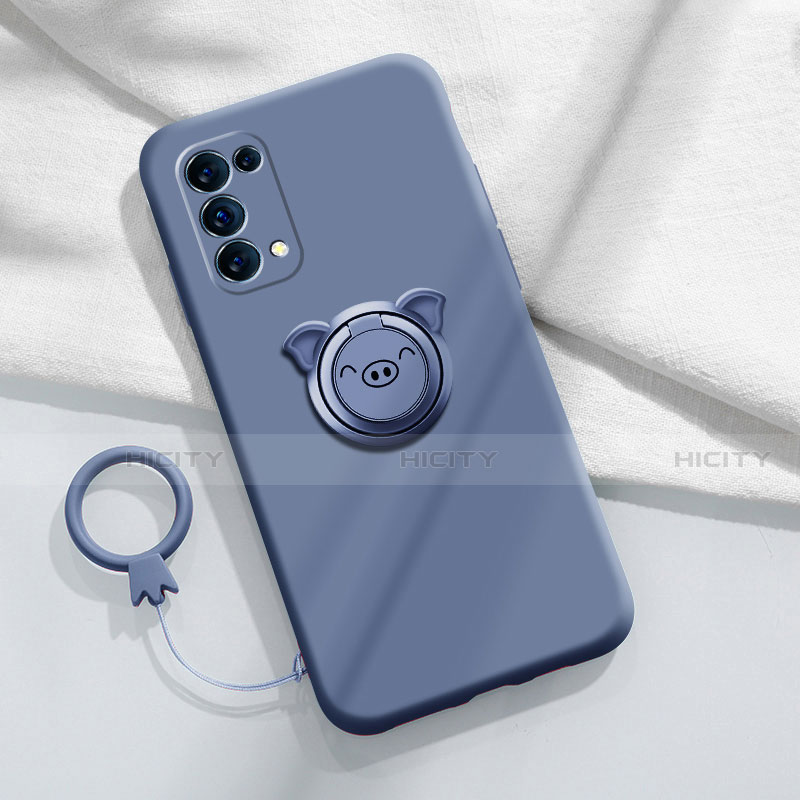 Silikon Hülle Handyhülle Ultra Dünn Schutzhülle Tasche Flexible mit Magnetisch Fingerring Ständer für Oppo Reno5 Pro 5G Lavendel Grau