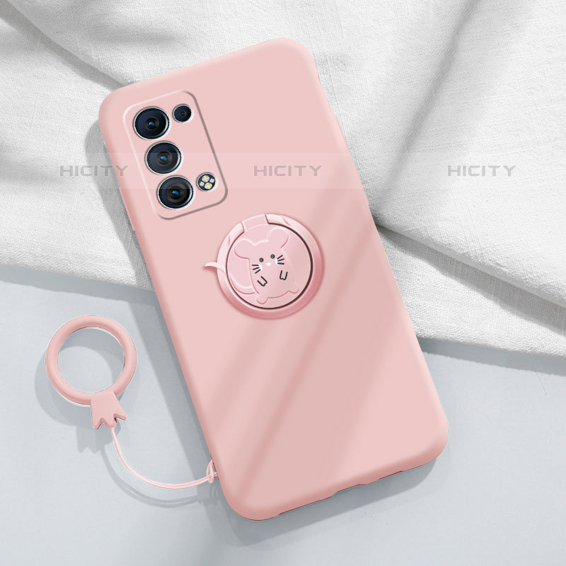 Silikon Hülle Handyhülle Ultra Dünn Schutzhülle Tasche Flexible mit Magnetisch Fingerring Ständer für Oppo Reno6 Pro 5G Rosa