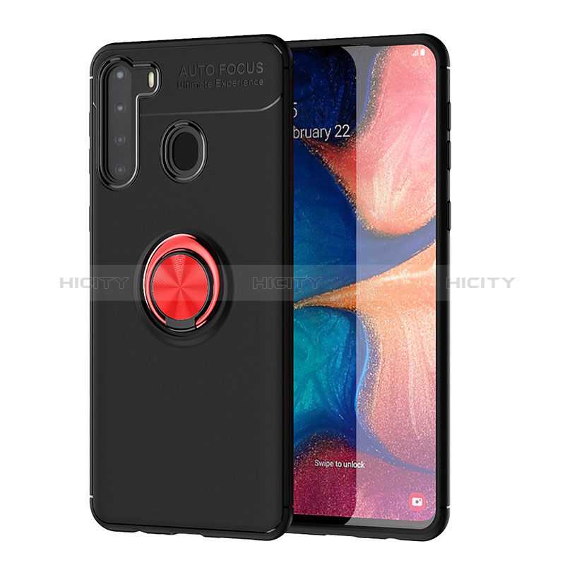 Silikon Hülle Handyhülle Ultra Dünn Schutzhülle Tasche Flexible mit Magnetisch Fingerring Ständer JM1 für Samsung Galaxy A21 Rot und Schwarz Plus