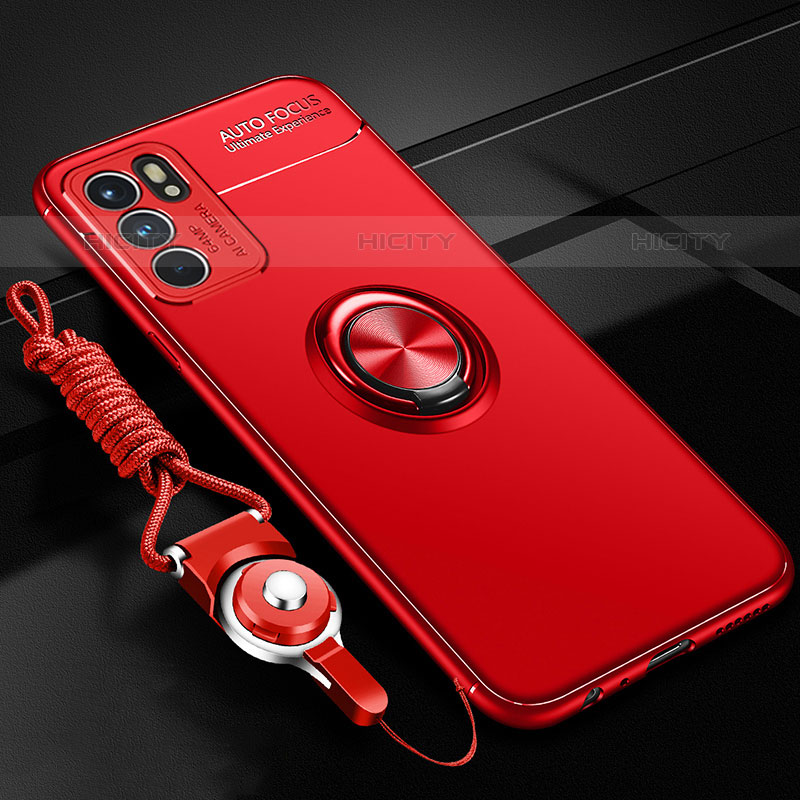 Silikon Hülle Handyhülle Ultra Dünn Schutzhülle Tasche Flexible mit Magnetisch Fingerring Ständer JM3 für Oppo Reno6 5G Rot