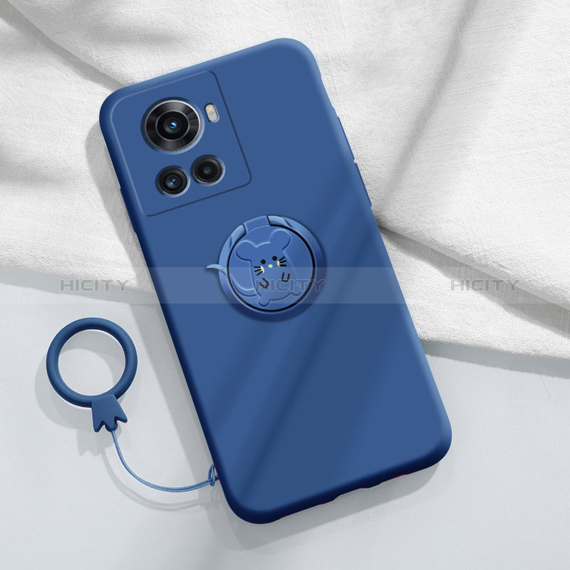 Silikon Hülle Handyhülle Ultra Dünn Schutzhülle Tasche Flexible mit Magnetisch Fingerring Ständer S01 für OnePlus 10R 5G Blau