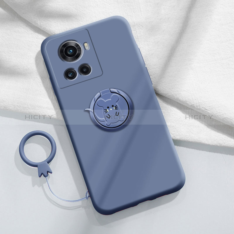 Silikon Hülle Handyhülle Ultra Dünn Schutzhülle Tasche Flexible mit Magnetisch Fingerring Ständer S01 für OnePlus 10R 5G Lavendel Grau