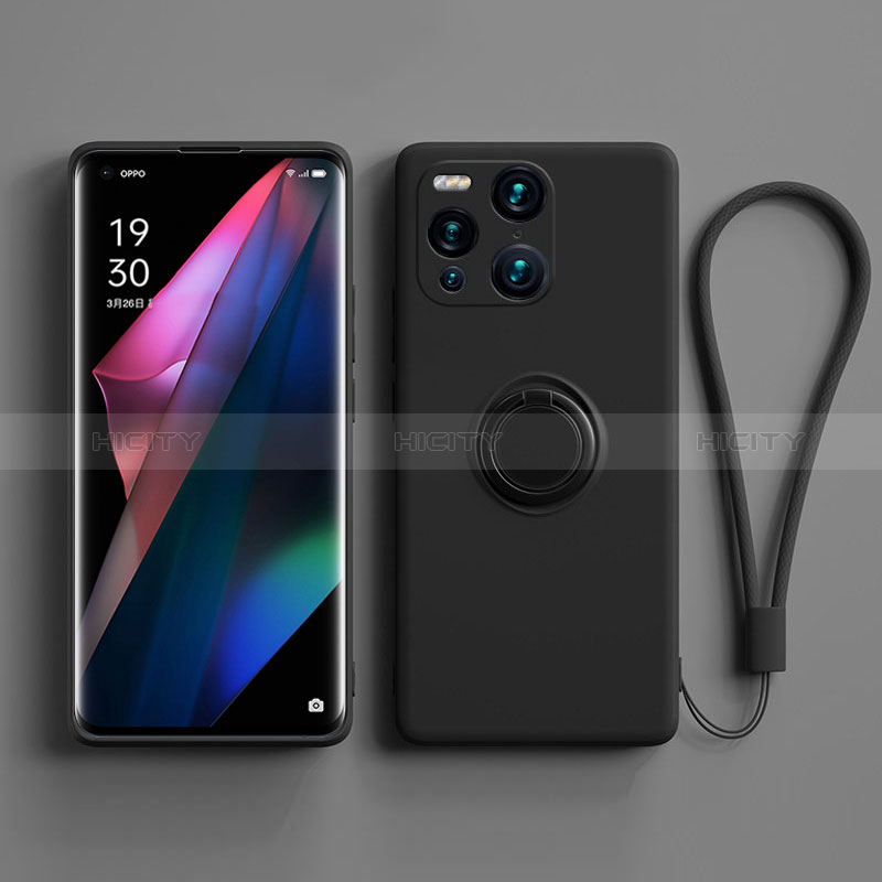 Silikon Hülle Handyhülle Ultra Dünn Schutzhülle Tasche Flexible mit Magnetisch Fingerring Ständer S01 für Oppo Find X3 5G Schwarz