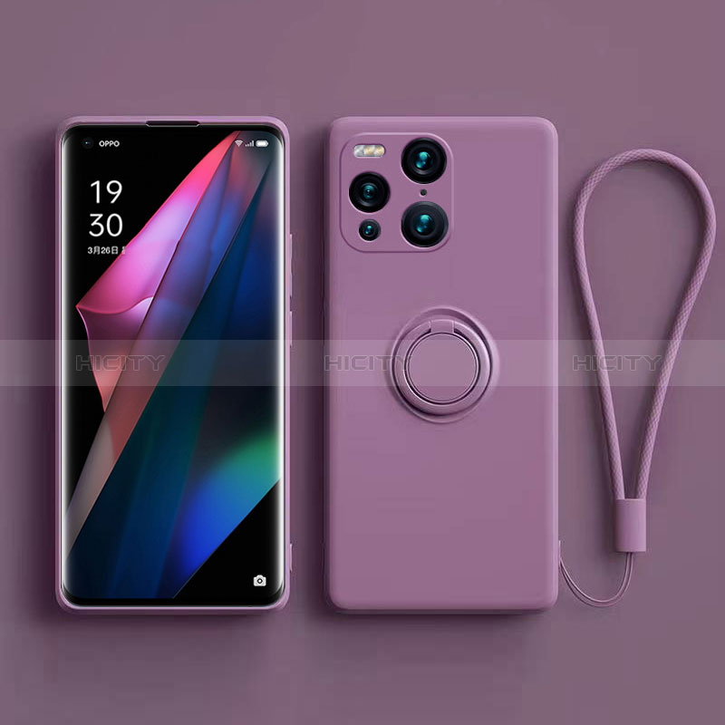 Silikon Hülle Handyhülle Ultra Dünn Schutzhülle Tasche Flexible mit Magnetisch Fingerring Ständer S01 für Oppo Find X3 5G Violett