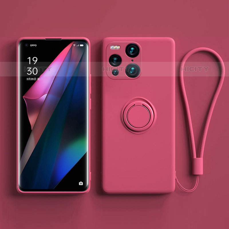 Silikon Hülle Handyhülle Ultra Dünn Schutzhülle Tasche Flexible mit Magnetisch Fingerring Ständer S01 für Oppo Find X3 Pro 5G Pink