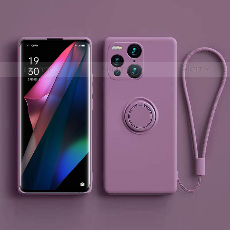 Silikon Hülle Handyhülle Ultra Dünn Schutzhülle Tasche Flexible mit Magnetisch Fingerring Ständer S01 für Oppo Find X3 Pro 5G Violett Plus