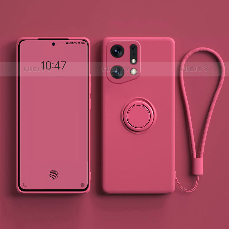 Silikon Hülle Handyhülle Ultra Dünn Schutzhülle Tasche Flexible mit Magnetisch Fingerring Ständer S01 für Oppo Find X5 Pro 5G Pink Plus