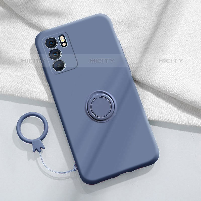 Silikon Hülle Handyhülle Ultra Dünn Schutzhülle Tasche Flexible mit Magnetisch Fingerring Ständer S01 für Oppo Reno6 5G Lavendel Grau Plus