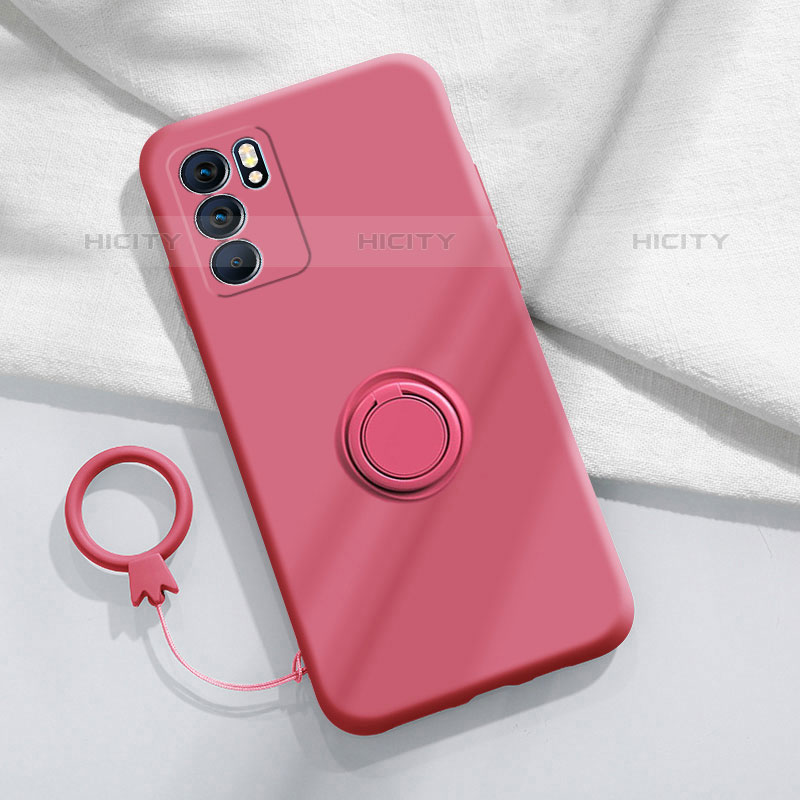 Silikon Hülle Handyhülle Ultra Dünn Schutzhülle Tasche Flexible mit Magnetisch Fingerring Ständer S01 für Oppo Reno6 5G Pink