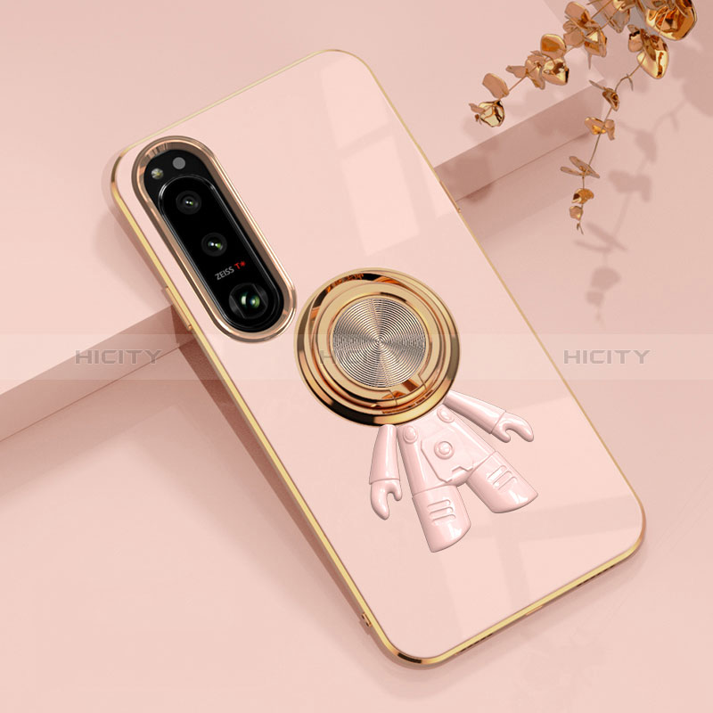 Silikon Hülle Handyhülle Ultra Dünn Schutzhülle Tasche Flexible mit Magnetisch Fingerring Ständer S01 für Sony Xperia 1 IV SO-51C Rosa