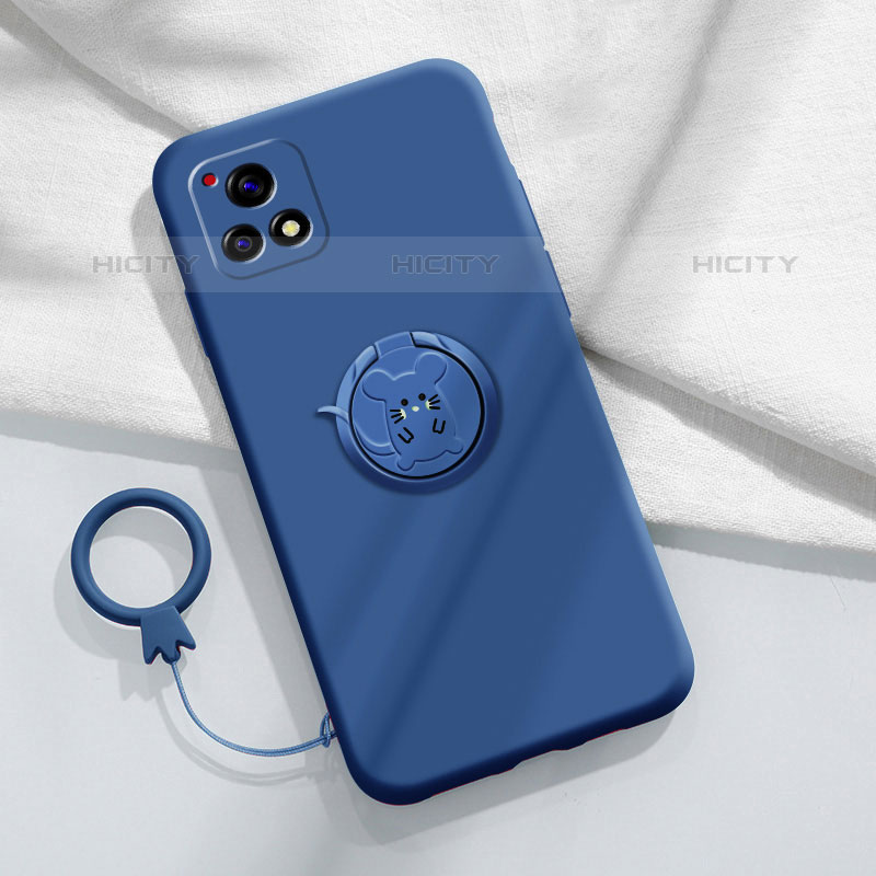 Silikon Hülle Handyhülle Ultra Dünn Schutzhülle Tasche Flexible mit Magnetisch Fingerring Ständer S01 für Vivo iQOO U3 5G Blau