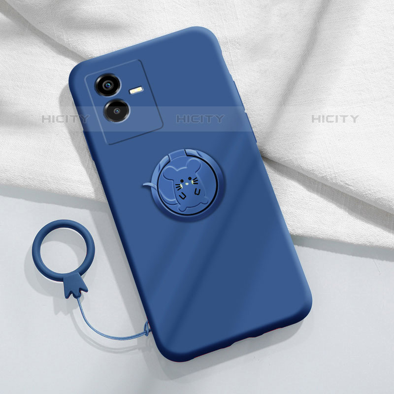 Silikon Hülle Handyhülle Ultra Dünn Schutzhülle Tasche Flexible mit Magnetisch Fingerring Ständer S01 für Vivo iQOO Z6x Blau