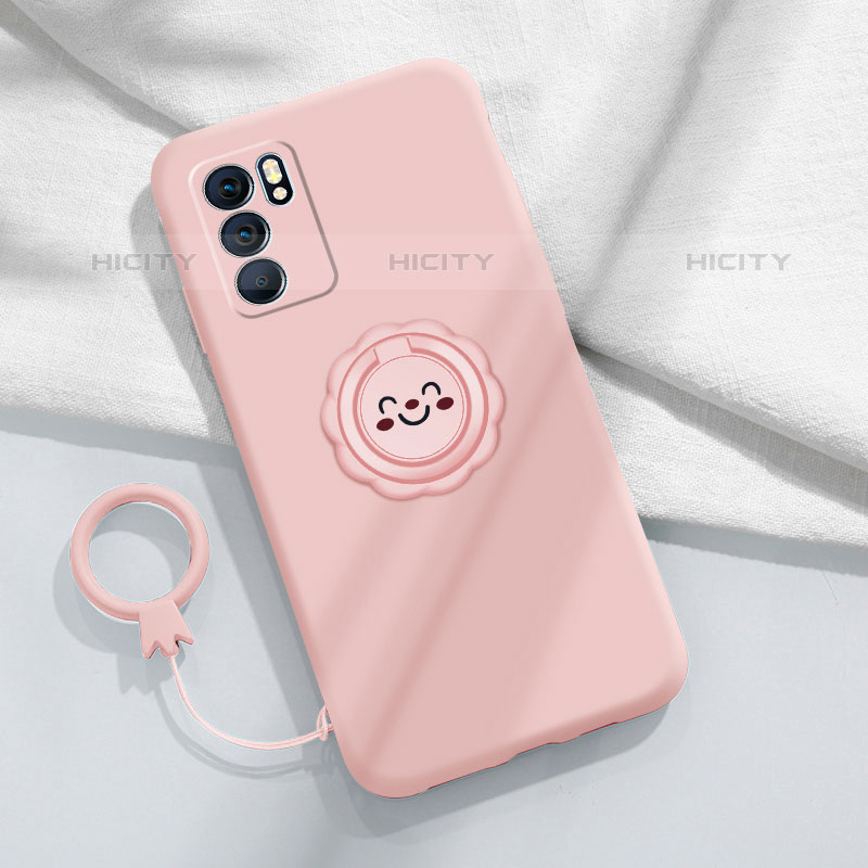 Silikon Hülle Handyhülle Ultra Dünn Schutzhülle Tasche Flexible mit Magnetisch Fingerring Ständer S02 für Oppo Reno6 Pro 5G India Rosa Plus