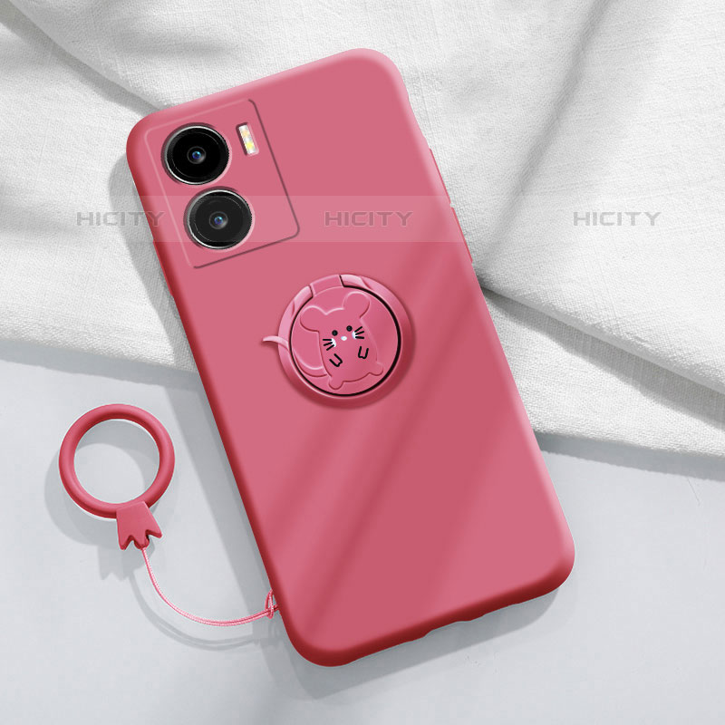 Silikon Hülle Handyhülle Ultra Dünn Schutzhülle Tasche Flexible mit Magnetisch Fingerring Ständer S02 für Vivo iQOO Z7x 5G Pink