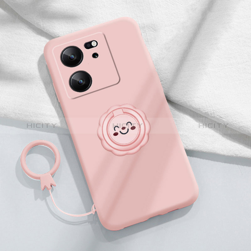 Silikon Hülle Handyhülle Ultra Dünn Schutzhülle Tasche Flexible mit Magnetisch Fingerring Ständer S02 für Xiaomi Mi 13T 5G Rosa