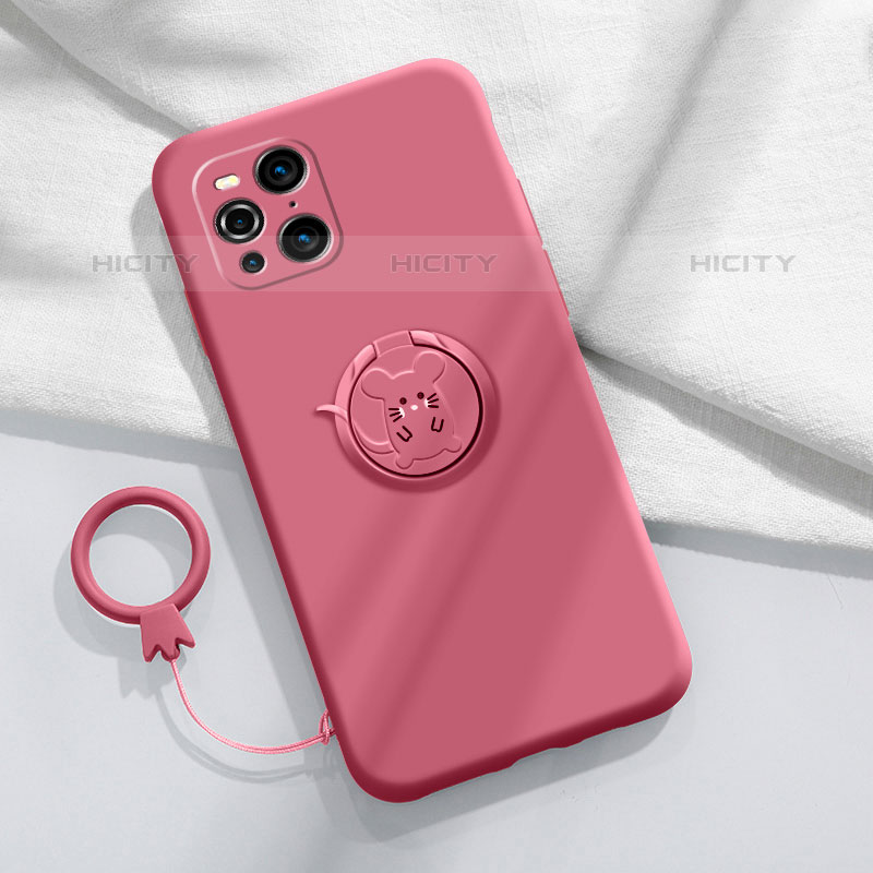 Silikon Hülle Handyhülle Ultra Dünn Schutzhülle Tasche Flexible mit Magnetisch Fingerring Ständer S03 für Oppo Find X3 Pro 5G Pink