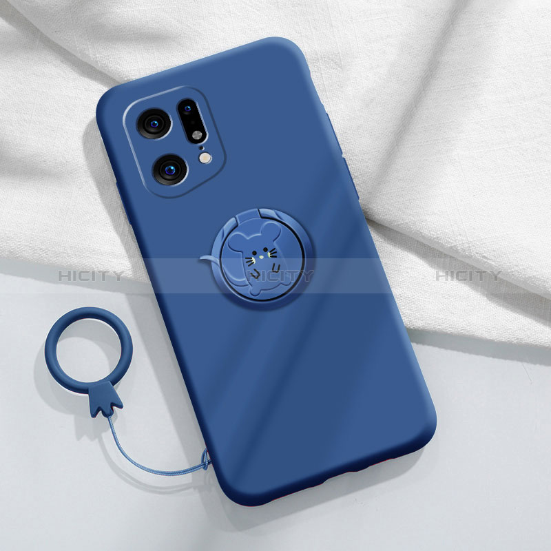 Silikon Hülle Handyhülle Ultra Dünn Schutzhülle Tasche Flexible mit Magnetisch Fingerring Ständer S03 für Oppo Find X5 5G Blau Plus
