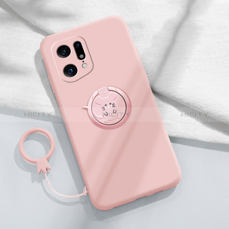 Silikon Hülle Handyhülle Ultra Dünn Schutzhülle Tasche Flexible mit Magnetisch Fingerring Ständer S03 für Oppo Find X5 5G Rosa