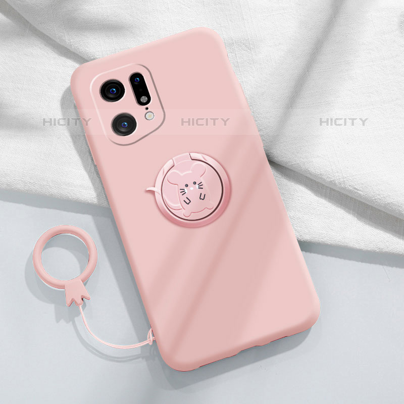 Silikon Hülle Handyhülle Ultra Dünn Schutzhülle Tasche Flexible mit Magnetisch Fingerring Ständer S03 für Oppo Find X5 Pro 5G Rosa