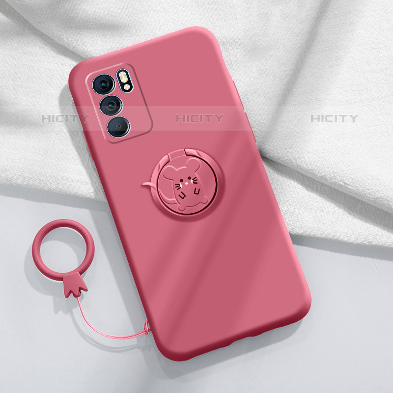 Silikon Hülle Handyhülle Ultra Dünn Schutzhülle Tasche Flexible mit Magnetisch Fingerring Ständer S03 für Oppo Reno6 5G Pink
